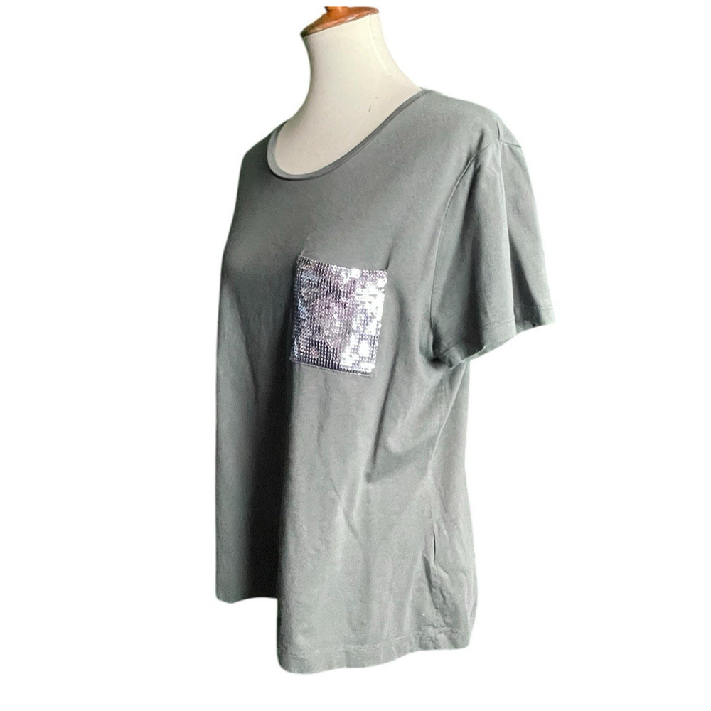 DKNY Green T-Shirt Size XL Sequins Pocket Y2k Loose Flowy Glam Casual Lounge - Picture 2 of 6